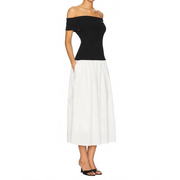 NEW CENTRAL PARK WEST darcy mixed media off shoulder dress in black and white - Picture 4 of 4